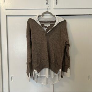 Brown Cashmere and Wool V-Neck Sweater with White Layered Shirt